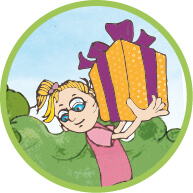 Illustration, Kindergeburtstag, Ökologisches Bildungszentrum München, Mädchen mit Geschenk
